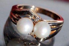 14k yellow gold ring 6.2mm cultured pearl natural diamond sz 6.5 vintage 5.85g