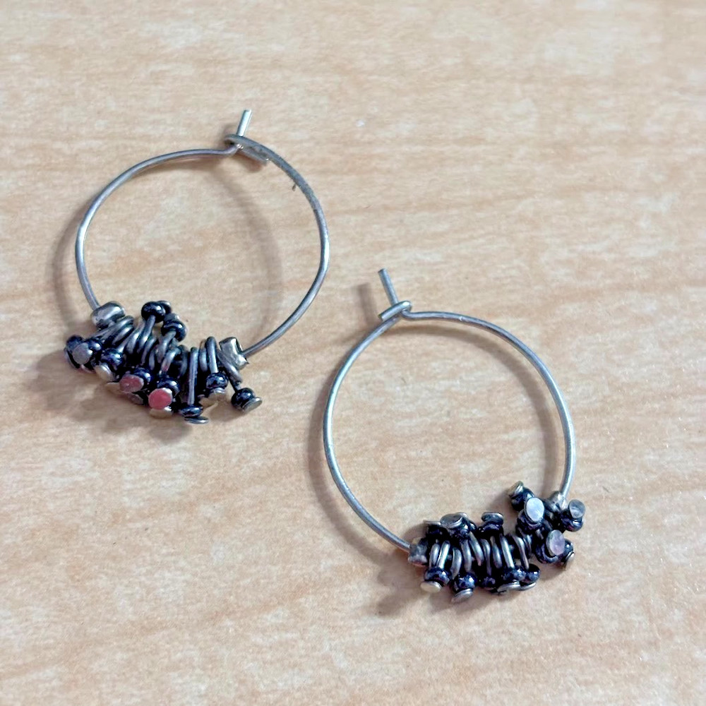 Vintage Silver Tone Hoop Earrings Wire Wrap Bead Accent Boho Style