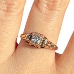 1930s Art Deco 10K Gold Diamond Engagement Ring Two Tone Illusion Sz 7.25