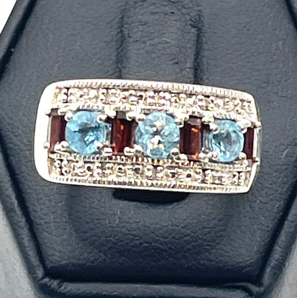 VTG Ring Sz 7 Blue Topaz Garnet Diamond Chips Channel Signed Sterling 925 Tested