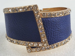 Gold Tone Blue Pebble Leather Inlay Hinge Bracelet With Clear Crystal 6.75 in