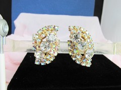 Vintage Chunky Clear & AB Rhinestone Earrings Clip-On Gold Plate