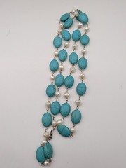 Vintage Long Strand Necklace With Faux Turquoise And Pearls