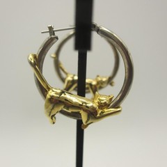 Vintage Figural Earrings Gold Tone Cat Silver Tone Hoop For Pierced Ears