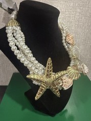 Gold Tone Metal Faux Pearl Real Sea Shells Gold Tone Starfish Bib Necklace