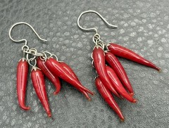 Vintage Red Chili Pepper Blown Glass Dangle Drop Earrings Silver Tone