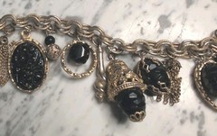 Vintage Black And Gold Tone Chain Ball Dangles Charm Bracelet Pendants.