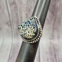 Large Vintage 925 Sterling Silver Blue Gold Druzy Ring Size 8.5 Estate Jewelry