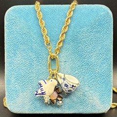 Vintage Charm Trio, Vtg Gold Plated Chain Necklace, Faux Opal, Coffee Cup, Bird