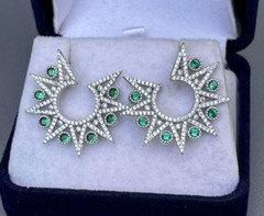 Vtg Sterling Star Point Statement Earrings, Emerald Green & Clear CZ Settings
