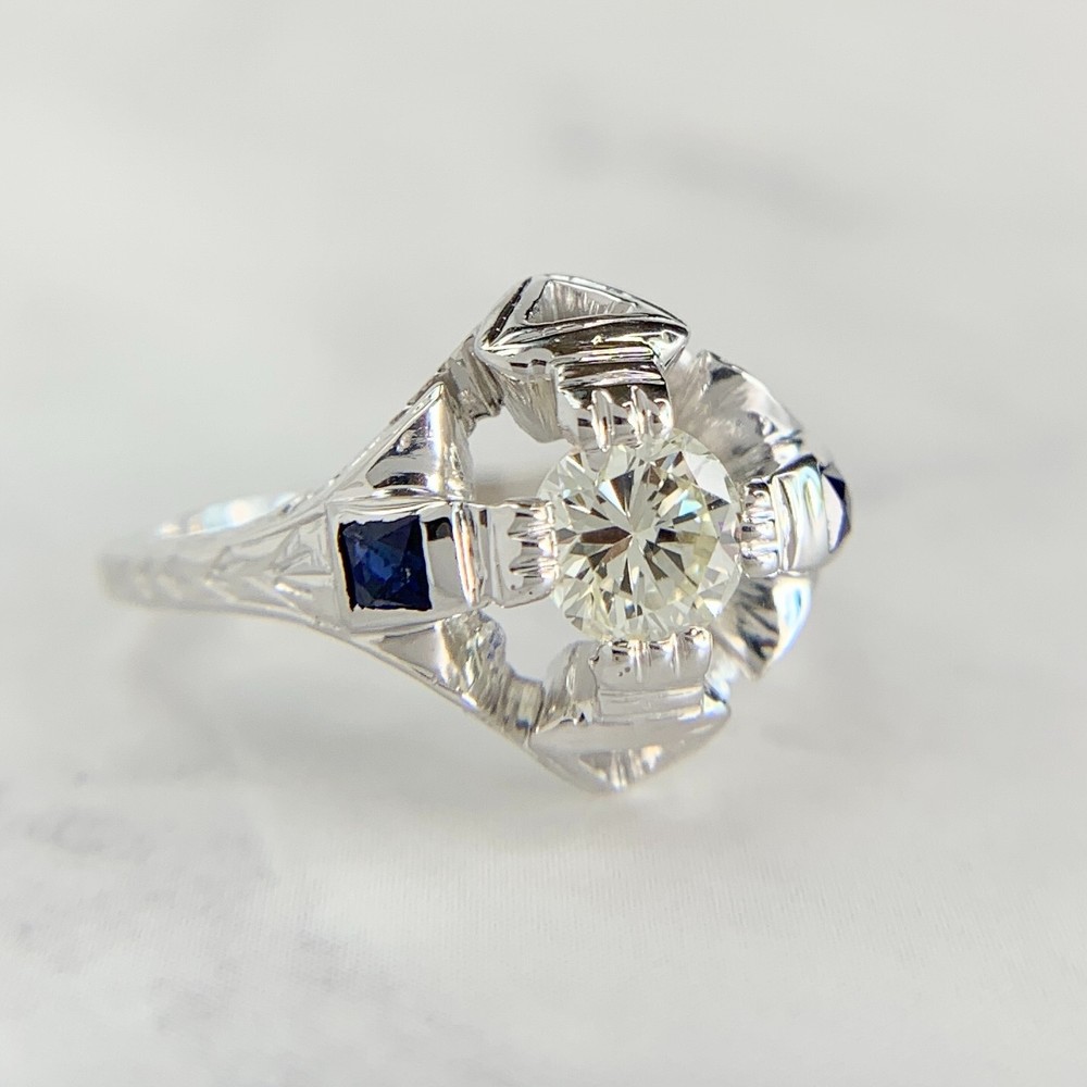 BELAIS Antique 18K White Gold Synthetic Blue Sapphire .50ct Diamond Ring