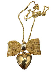 Vtg Gold Tone Mesh Bow Puffy Heart Pendant Necklace 18” Romantic 1970s 1980s