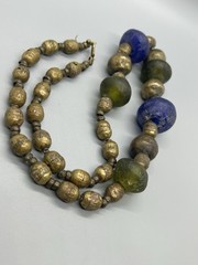 Vintage Blue Green Tumbled Glass Brass Beaded Necklace 24”