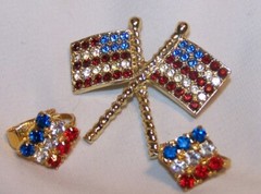 Vintage Patriotic Americana Flag Brooch Earring Set Demi Parure-Clip Back