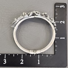 Vintage Clamper Bracelet Clip On Earrings Set White Enamel Black Washed Flowers