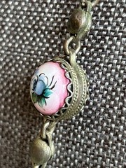 Vtg Hand Painted Enamel Rostov Finift USSR necklace flowers Oxidized Station 21″