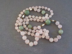 Light Pink Quartz & Green Stone (2) Single Strand Necklace Knotted Bead No Clasp