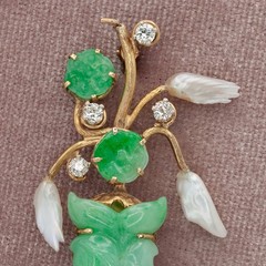 1950s Gumps 14K Gold Carved Jade Pearl Diamond Brooch(21059-NRTHH)