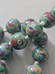 Vintage Chinese Hand Painted Porcelain Bird & Lotus Bead Necklace Silver Clasp