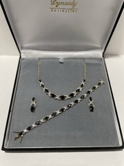 VTG Gold Over Sterling Vermeil Black Sapphire 3 Piece Parure In Case
