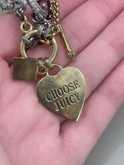 JUICY COUTURE Two Tone Safety Pin Hearts Strawberry Letter J Charm Necklace READ
