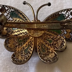 Antique 800 Silver German Ornate Filigree Multi Color Green Enamel Butterfly Pin