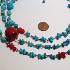 Blue Turquoise Red Coral Nugget 3 Strand Adjustable Length Western Necklace