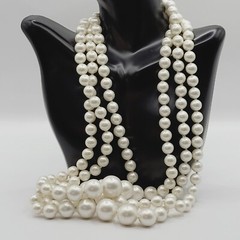 Triple Strand Chunky Simulated Faux Pearl Knotted Necklace Vintage Japan 24 Inch