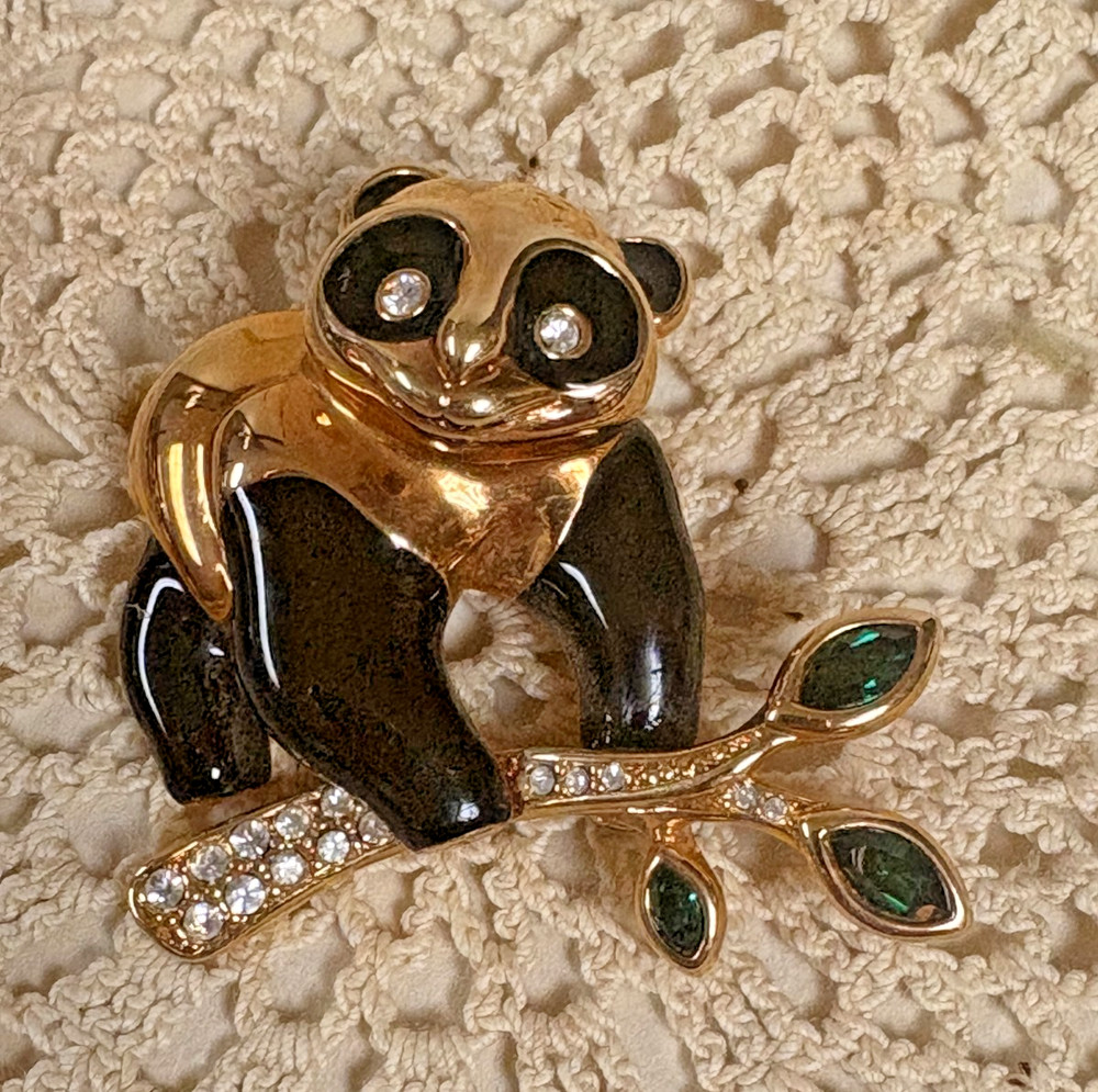 Swarovski Panda Bear Brooch Enamel Black Gold Tone Green Stone Rhinestones