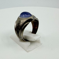 Vintage Brutalist Men’s Signet Ring Silver Tone Blue Cabochon Textured Band