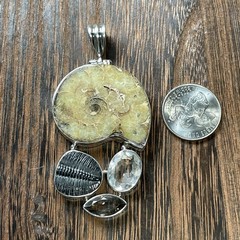 Sterling Silver Ammonite Fossil Gemstone Pendant Bezel Set 32g 3” Length