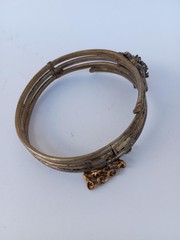 Vintage Silver Tone Floral Bangle Bracelet with Red & Clear Rhinestones