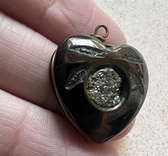 Antique Victorian Whitby Jet Inset Pyrite Puffy 3-D HEART Charm Pendant Fob H5