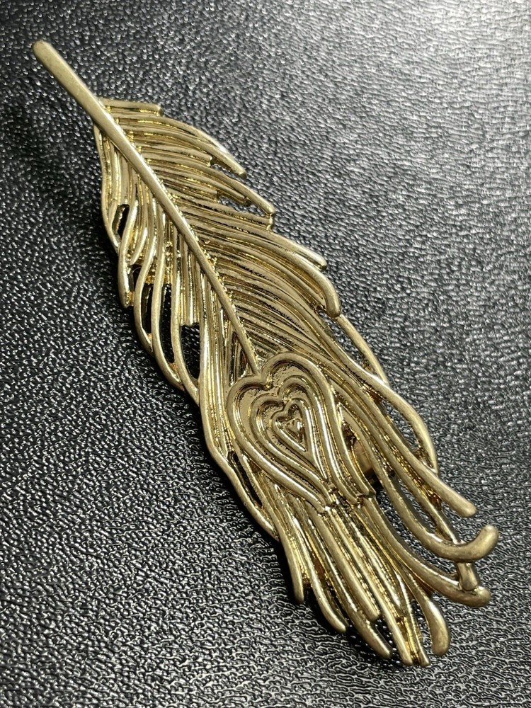 Vintage 3.1” Feather Heart Gold Tone Metal Brooch Pin