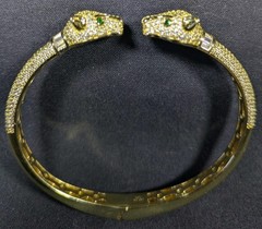 FZN 925 Gold Played Sterling CZ Panther Hinged Bangle Bracelet 6 3/4″ Green Eyes