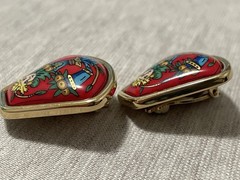 Hermès Vintage Enamel Clip-On Earrings Red with Tribal Figure Design Gold Tone