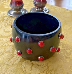 BIG Vtg 2” Black Resin Sterling Inset Red Coral STATEMENT Bangle Bracelet