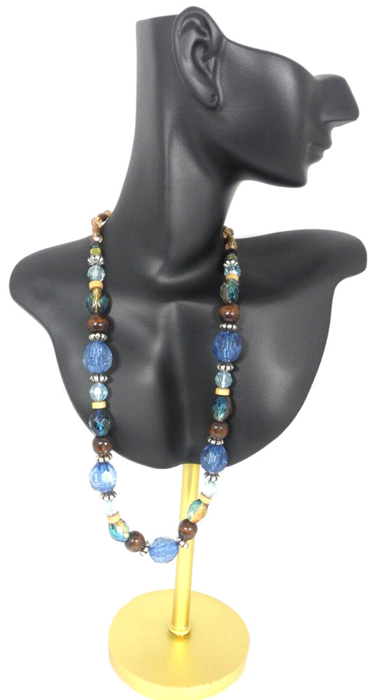 Vintage Beaded Necklace Boho Chic Bohemian Wood Barrel Beads Acrylic Metal