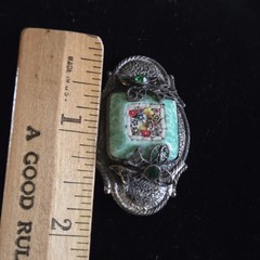 Antique Silver Tone Millefiori Micromosaic Brooch Pin Green Rhinestones Art Deco