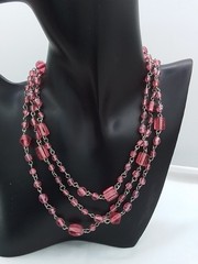 46″ PINK ART GLASS VINTAGE ESTATE NECKLACE CUBE & ROUND SHAPE BEADS CHAIN LINKED