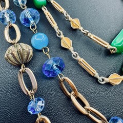 Vintage Station Bead Long Necklaces Green Blue Glass Beads Gold Tone 36″ 48″ 60s