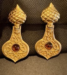 Vintage Gold Tone Etruscan Revival Amber Dangle Earrings Runway Statement 80s