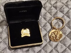 Avon 100 Year Anniversary 1986 Lot: Gold Jewelry Box, Rose Keychain, Brooch, Pin