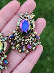 Vtg Hollycraft 1956 Peacock Blue Ab Clip Earrings Iridescent Glass Articulated