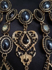 Vintage Antique Gold Black Rhinestone Bib Necklace Gothic Victorian Chandelier