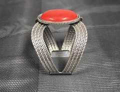 Southwestern Style Red Coral Silver Tone Rope Design Cuff Bracelet