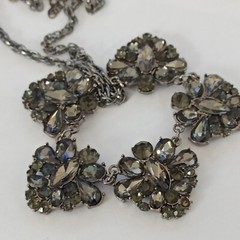 Vintage Smoky Gray Necklace Cocktail Rhinestone Bib Victorian Revival Royal VTG