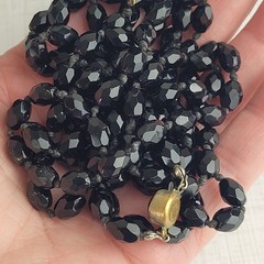 Austria Signed Vintage Black Faceted Glass Necklace 58” Long Opera Length