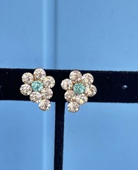Vintage Crystal Rhinestone Flower Screw Back Earrings Aqua Blue Gold Tone
