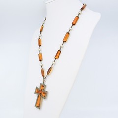 Rare Antique Czech Amber Glass Latin Cross Necklace Blown Glass Pearls 1920s